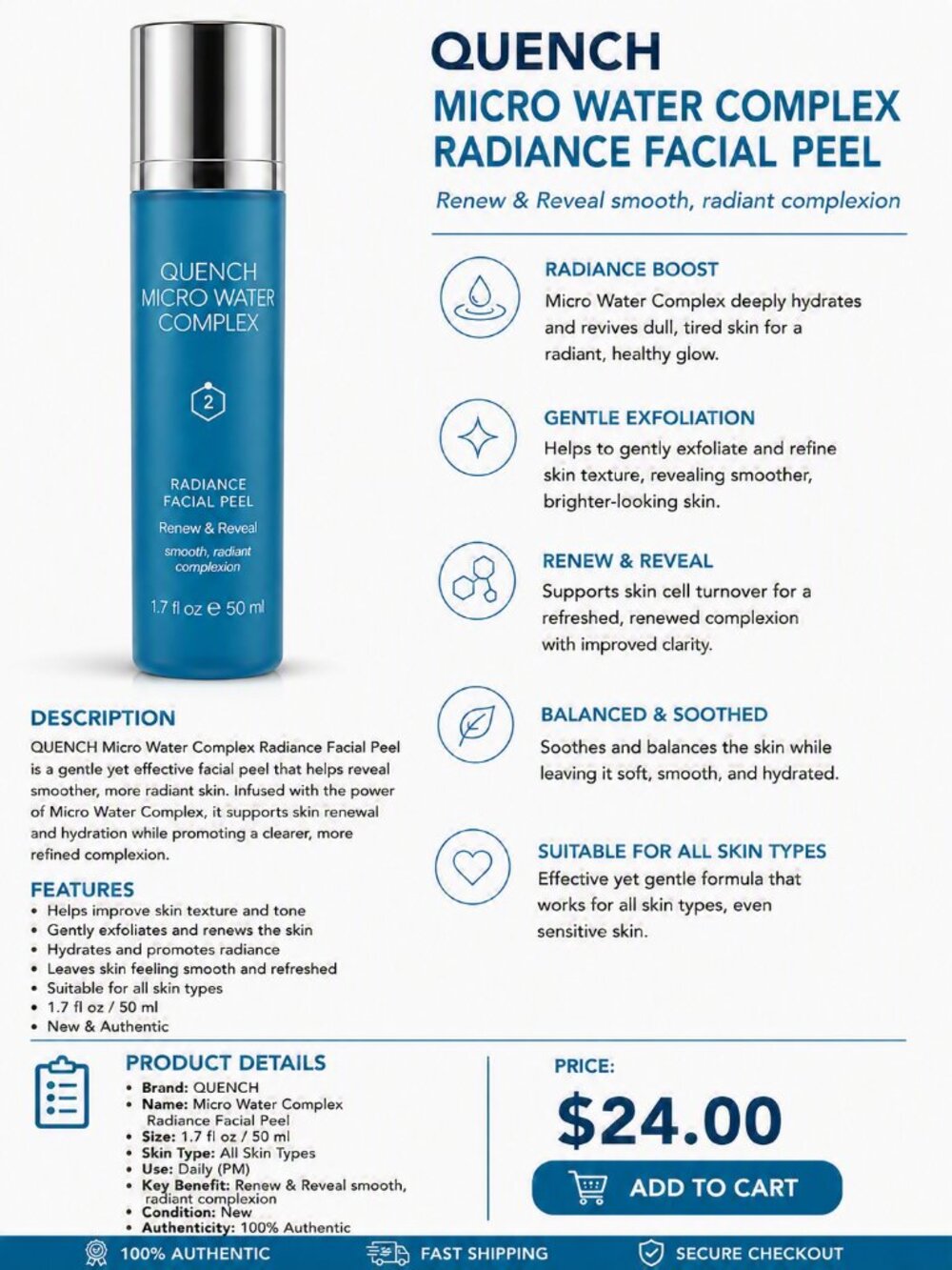 NEW Quench Micro Water Complex Radiance Facial Peel 1.7 oz Hydrating Exfoliating